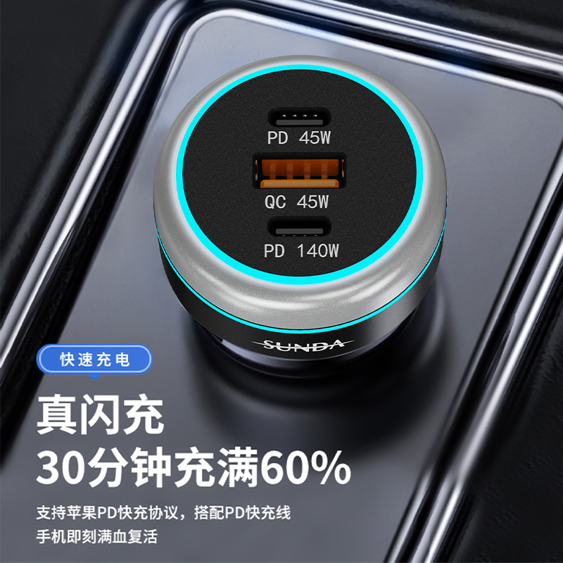SUNDA 230W USB C Fast Car Charger, 3-Ports Car Charger Adapter, Dual Type C PD140W/PPS63W Compatible