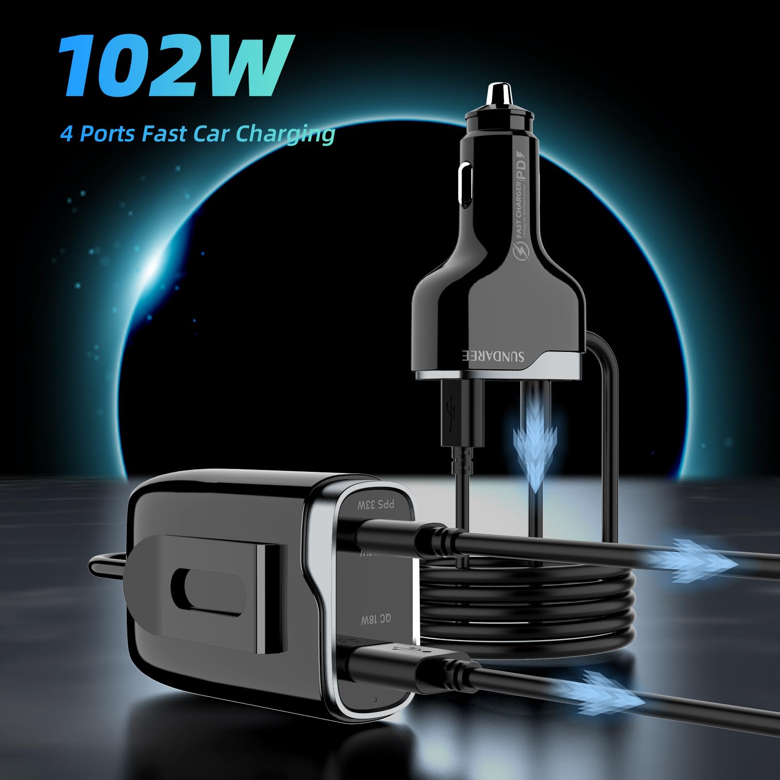 6 Multi Ports USB C Car Charger, 123W Fast Car Charger Adapter, PD 45W Compatible with iPhone15/Galaxy/Samsung S23, Type C Cigarette Lighter USB Charger with 5.7FT Cable for Rear Seat Charging(Black)(图3) 2.jpg