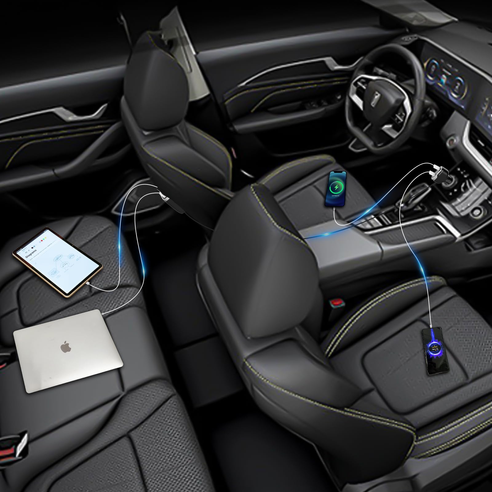 6 Multi Ports USB C Car Charger, 123W Fast Car Charger Adapter, PD 45W Compatible with iPhone15/Galaxy/Samsung S23, Type C Cigarette Lighter USB Charger with 5.7FT Cable for Rear Seat Charging(Black)(图4) 5.jpg