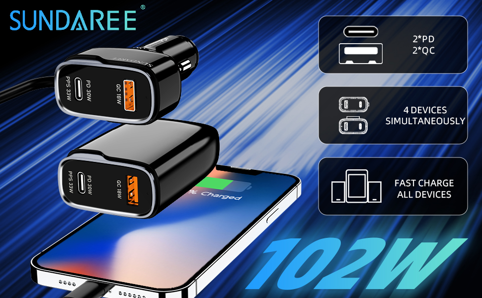 6 Multi Ports USB C Car Charger, 123W Fast Car Charger Adapter, PD 45W Compatible with iPhone15/Galaxy/Samsung S23, Type C Cigarette Lighter USB Charger with 5.7FT Cable for Rear Seat Charging(Black)(图8) 8.jpg