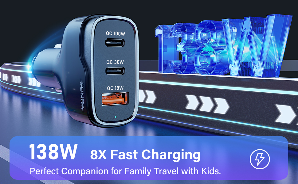 3 Multi Ports USB C Car Charger, 3-Ports 138W Fast Car Charger Adapter, Dual Type C PD100W/PPS105W Compatible with iPhone15/14pro/Galaxy/Samsung S23, USB-A 18W QC3.0 for Android(图3) 2.jpg