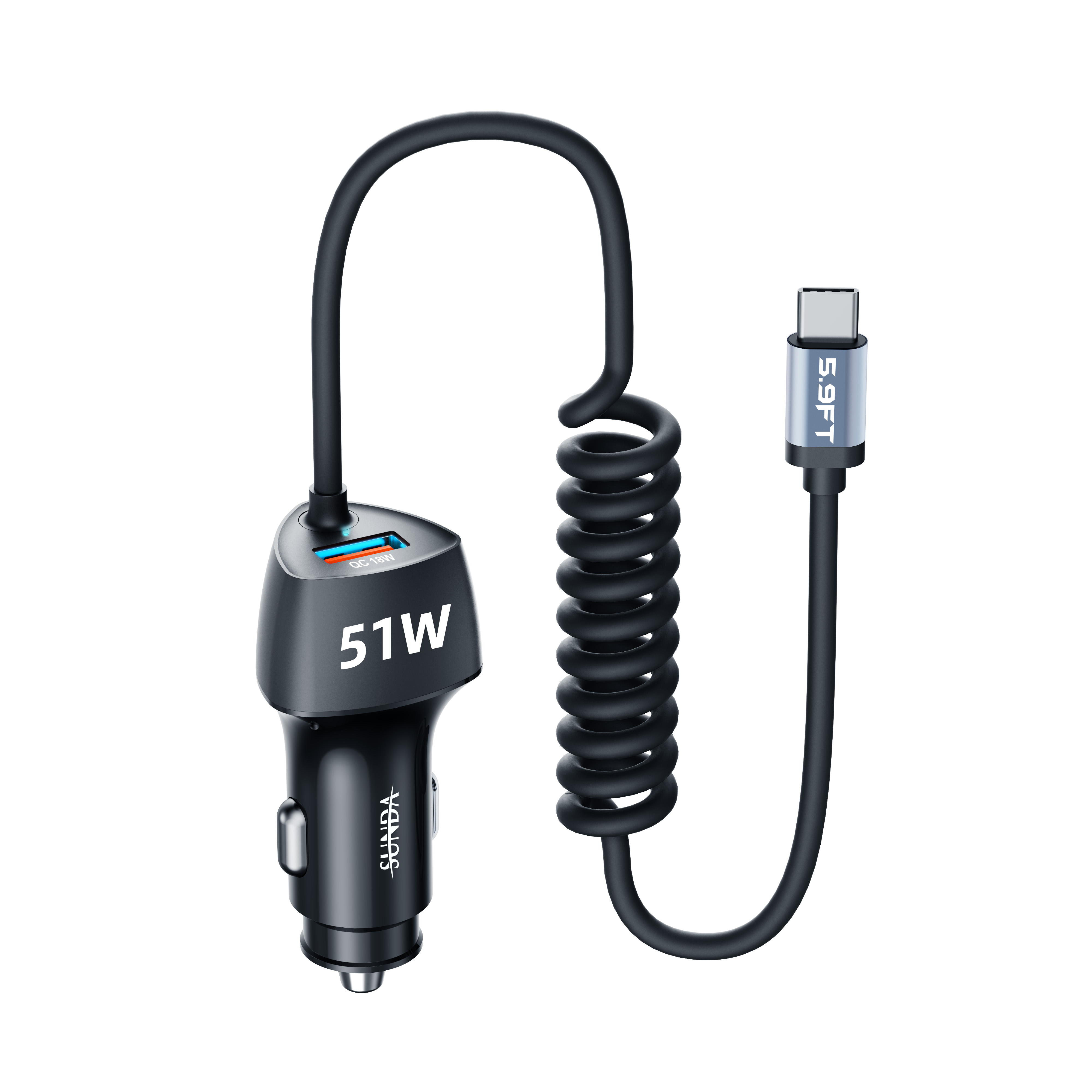 SUNDA USB C Fast Car Charger 51W Dual Ports, Built-in 5.9FT Type C Phone Charger Cable, USB-C Port C