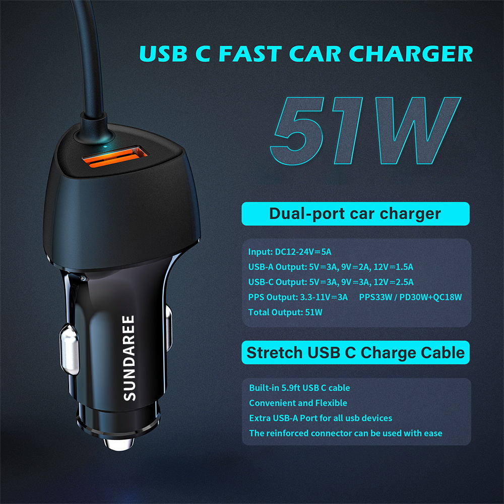 SUNDA Factory wholesale car phone charger 51w fast charging Usb Type-C Car Charger With Cable(图3) 5psd_看图王.jpg