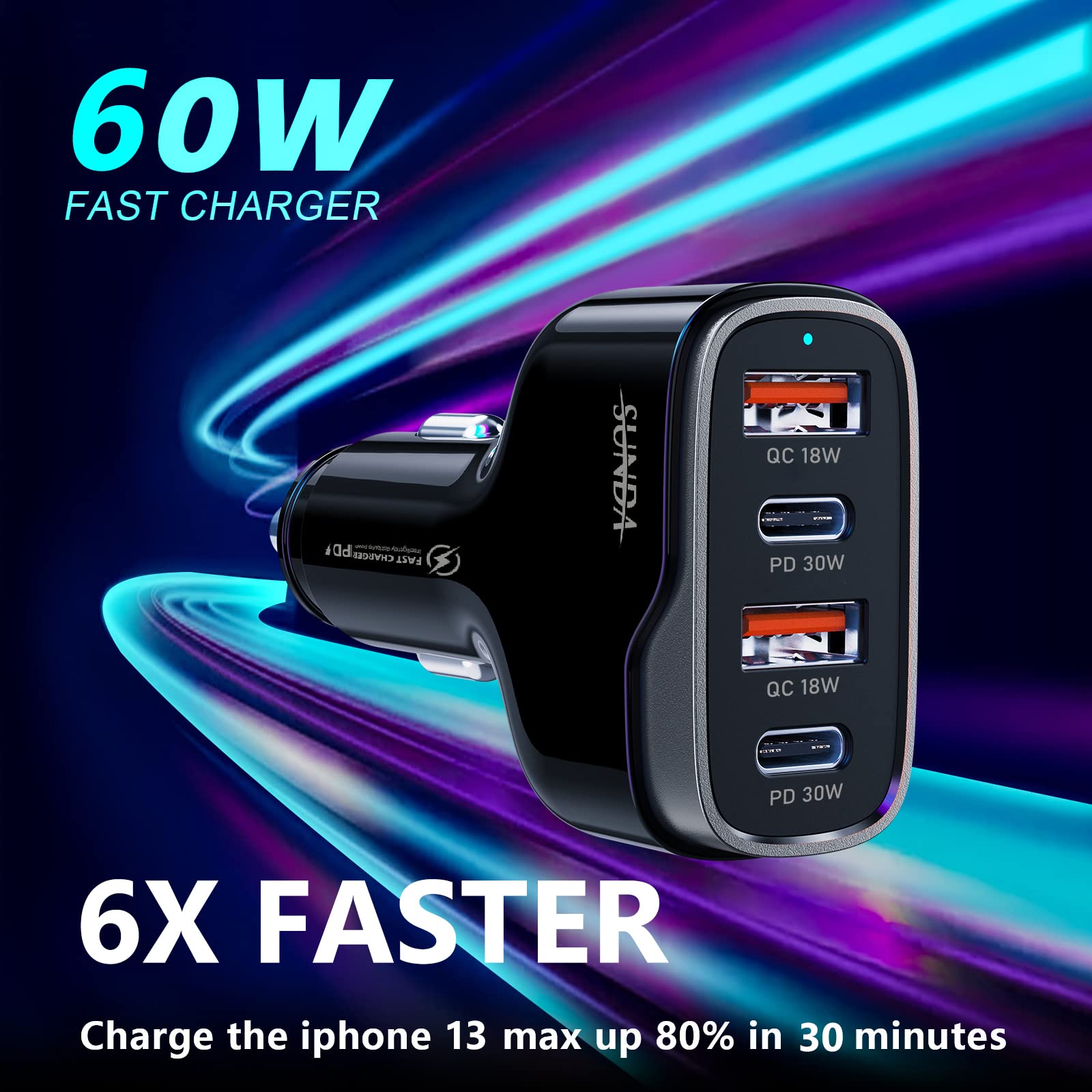 SUNDA 60W USB C Fast Car Charger | 4-Ports Car Charger Adapter | Dual Type C PD30W/PPS30W Compatible with iPhone15/14 Pro/Max/iPhone13/Galaxy/SamsungS23 | Dual USB-A 18W QC3.0 for Android(Black)(图2) 2A2C - 黑色 60W-03 (2023_06_29 06_14_08 UTC).jpg