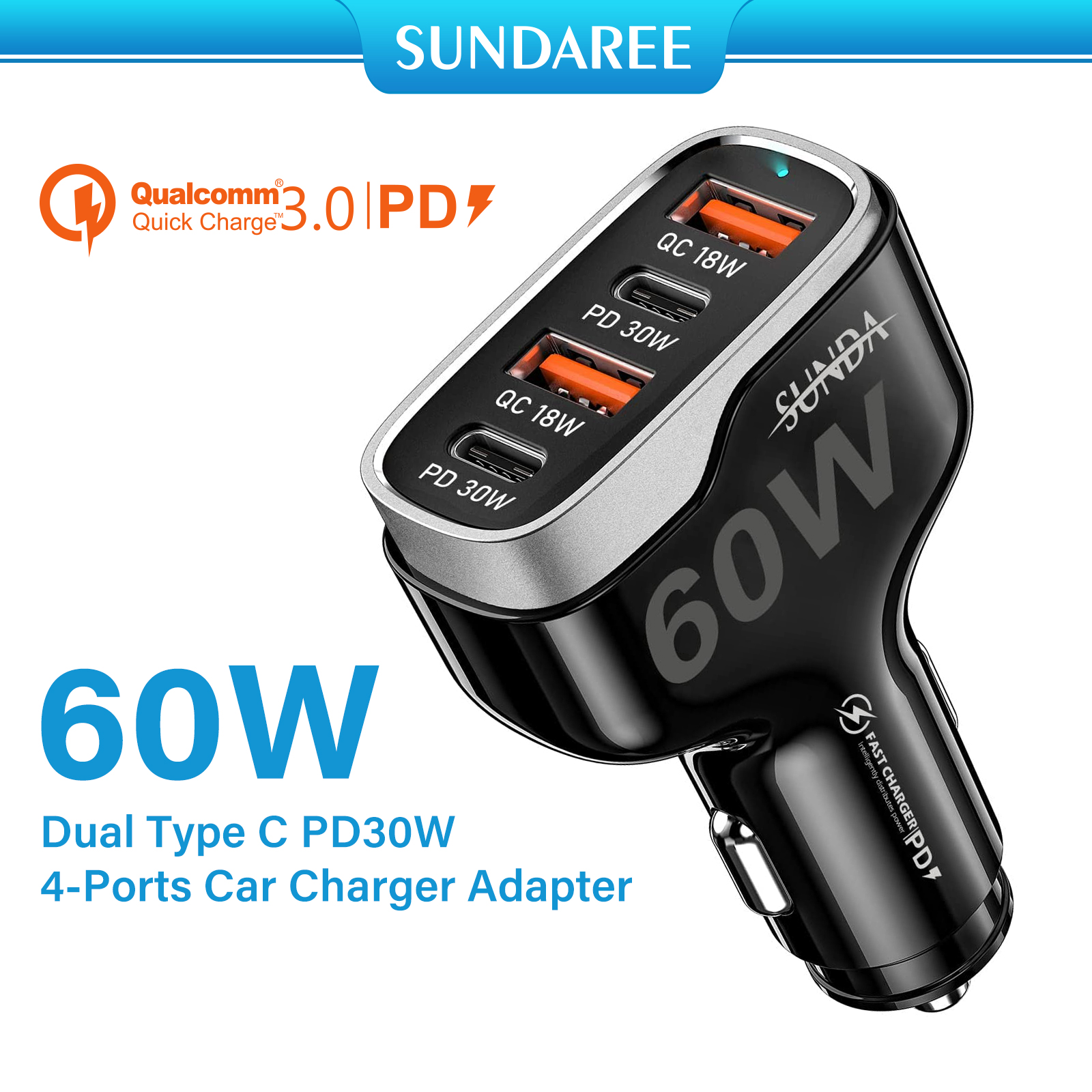SUNDA 60W USB C Fast Car Charger | 4-Ports Car Charger Adapter | Dual Type C PD30W/PPS30W Compatible with iPhone15/14 Pro/Max/iPhone13/Galaxy/SamsungS23 | Dual USB-A 18W QC3.0 for Android(Black)(图3) 3333333333333 (2023_06_29 06_14_08 UTC).jpg