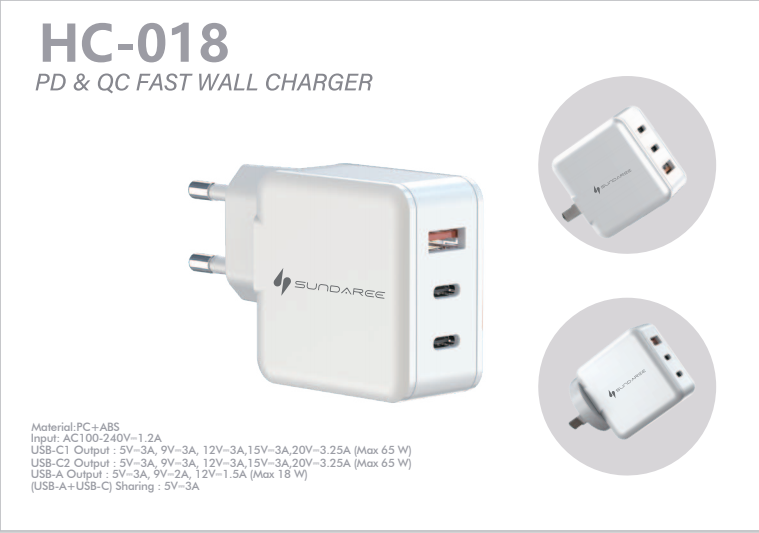 USB-C Wall Charger,65W Durable Dual Port QC+PD 3.0 Power Adapter, Double Fast Plug Charging Block fo