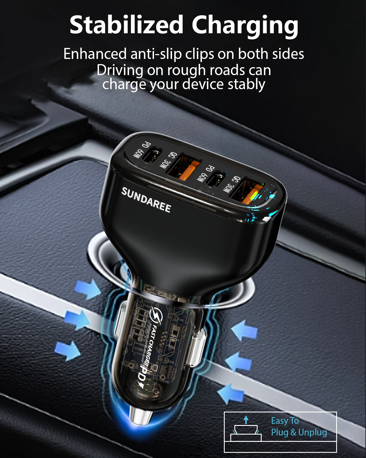 SUNDA 120W USB C Fast Car Charger, 4-Ports Car Charger Adapter, Dual Type C PD60W/PPS60W Compatible with iPhone15/14 Pro/Max/iPhone13/Galaxy/SamsungS23, Dual USB-A 18W QC3.0 for Android(图3) 主图1-120W_看图王.jpg
