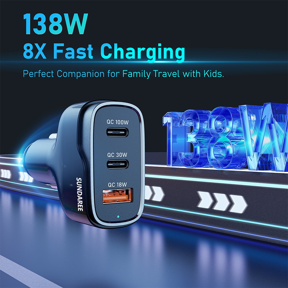 3 Multi Ports USB C Car Charger, 3-Ports 138W Fast Car Charger Adapter, Dual Type C PD100W/PPS105W C