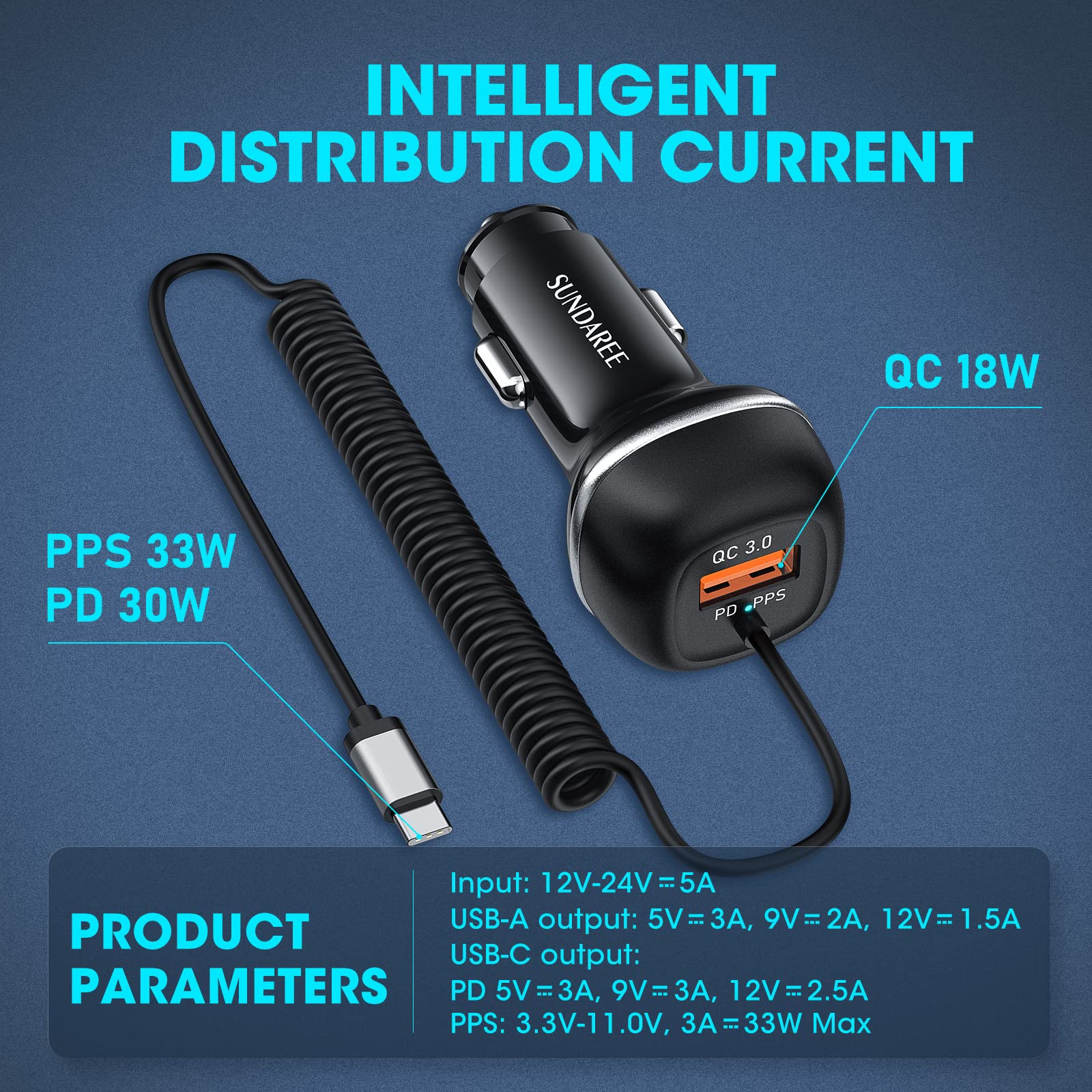 SUNDAREE USB C 96W Super Fast Car Charger PD & QC3.0 with 5ft 45W Type C Coiled Cable, Car Phone Charger Adapter for iPhone 15 14 13 12 11 Pro Max Mini, Samsung Galaxy S23/S22/S21 and More(图3) cc62 1.jpg
