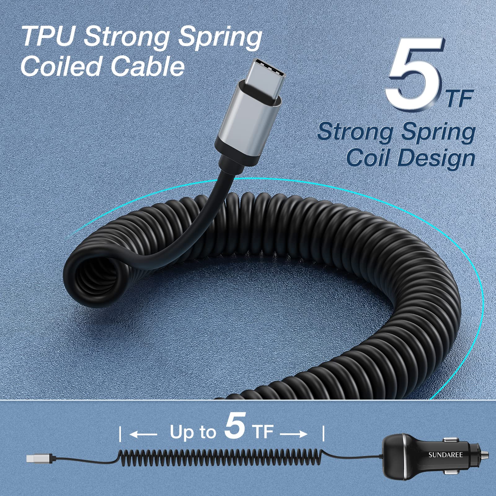 SUNDAREE USB C 96W Super Fast Car Charger PD & QC3.0 with 5ft 45W Type C Coiled Cable, Car Phone Charger Adapter for iPhone 15 14 13 12 11 Pro Max Mini, Samsung Galaxy S23/S22/S21 and More(图6) cc62 size.jpg