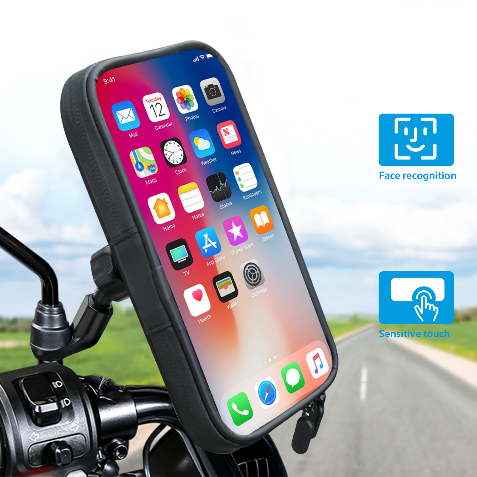 SUNDAREE Motorcycle Phone Waterproof Bag with Aluminum Mirror Mount Holder Clamp, 360° Rotating Motorcycle Phone Holder for iPhone 15 Pro Max/Plus more(图2) 主1_看图王.jpg