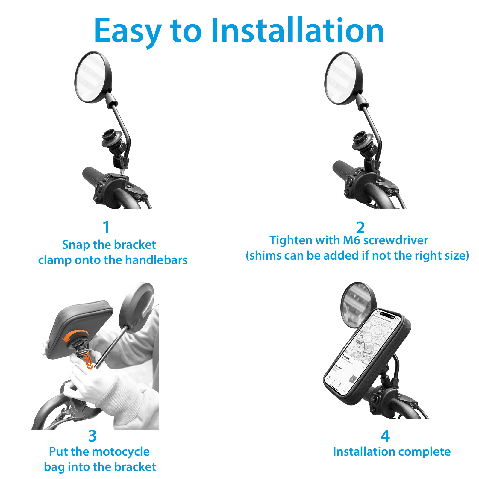 SUNDAREE Motorcycle Phone Waterproof Bag with Aluminum Mirror Mount Holder Clamp, 360° Rotating Motorcycle Phone Holder for iPhone 15 Pro Max/Plus more(图5) 主4_看图王.jpg