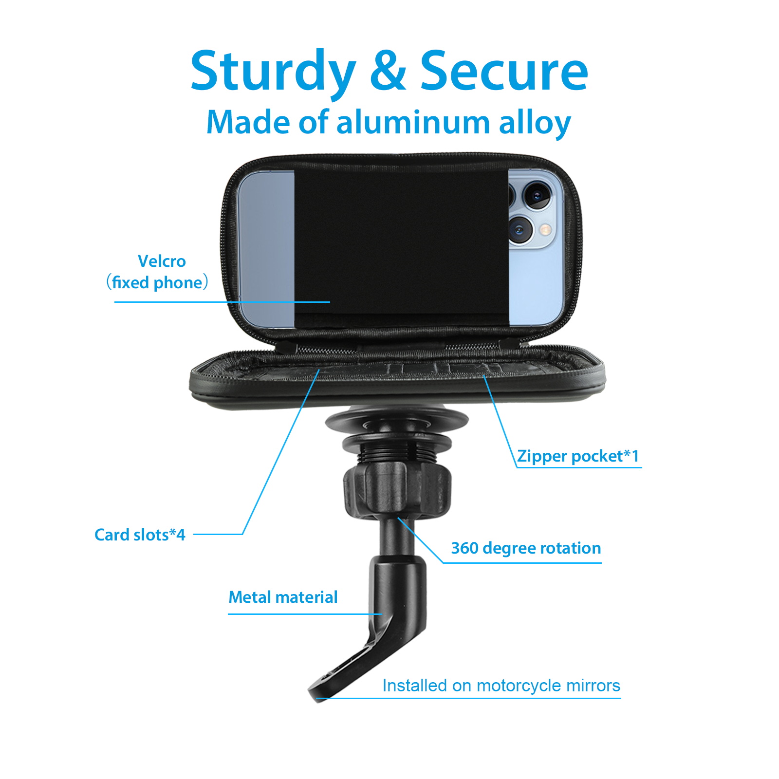 SUNDAREE Motorcycle Phone Waterproof Bag with Aluminum Mirror Mount Holder Clamp, 360° Rotating Motorcycle Phone Holder for iPhone 15 Pro Max/Plus more(图7) 主6_看图王.jpg