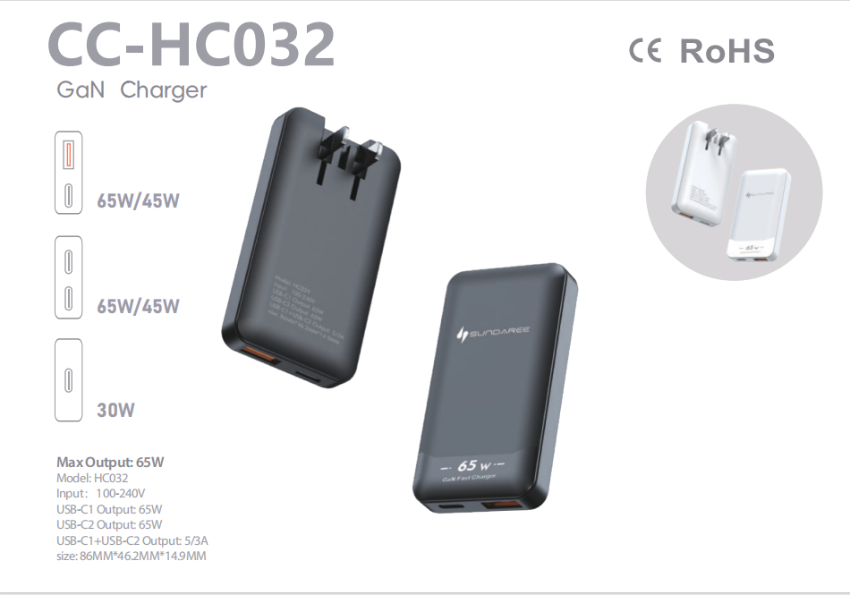 65W/45W/30W Ultra thin Wall Charger with GaN Tech